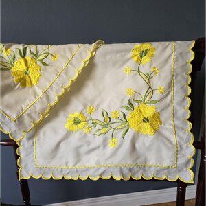 Pair of Yellow and Green Floral Embroidered Vintage Pillowcases 1960s Retro
